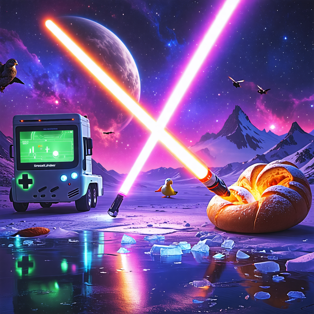 lightsaber, truck, gameboy, eye, bread, ice skate, meteor, duck, falcon, egg